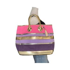 Isaac Mizrahi Canvas Beach Tote Gold Pink Purple Large